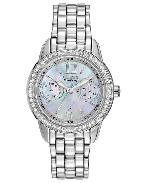 Silhouette Crystal - Ladies Silver Steel Pearl Dial Watch | CITIZEN